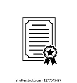 Vector certificate icon with rosette and stsr. Black achievement symbol in flat style isolated on white background. Award, grant or diploma symbol. Simple icon for web site design or button to app.