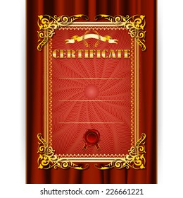 Vector certificate with a laurel wreath on textile background, with lace ornate