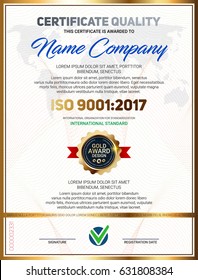 Vector certificate quality template with line pattern and gold luxury award emblem, ISO 9001 certified.