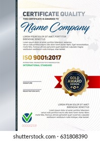 Vector certificate quality template with  line pattern and luxury gold award emblem, ISO 9001 certified.