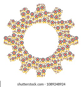 Vector certificate seal icons are arranged into cog composition. Technical design concept constructed with certificate seal components.