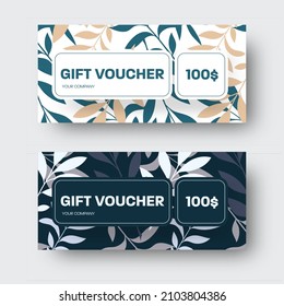 Vector certificate for shop, gift voucher with tropical leaves in nude, blue, gray color with rectangle for text. Cover with exotic illustration, on white, black background. Set. EPS 10