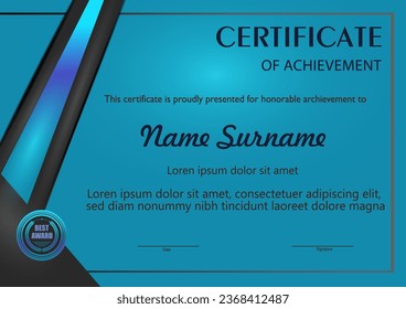 Plantilla de certificado de vector en tonos azul y cian