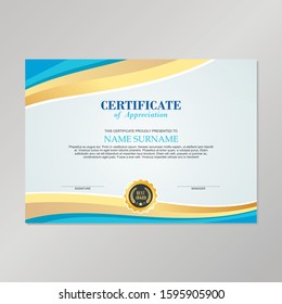 Vector Certificate Template, with Blue, Gold and white Color combination. for  Achievement, Diploma, Award, Graduation, Completion, Appreciation, Acknowledgement, Recognition and other