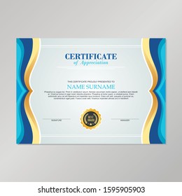 Vector Certificate Template, with Blue, Gold and white Color combination. for  Achievement, Diploma, Award, Graduation, Completion, Appreciation, Acknowledgement, Recognition and other