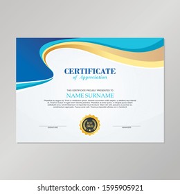 Vector Certificate Template, with Blue, Gold and white Color combination. for  Achievement, Diploma, Award, Graduation, Completion, Appreciation, Acknowledgement, Recognition and other