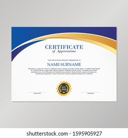 Vector Certificate Template, with Blue, Gold and white Color combination. for  Achievement, Diploma, Award, Graduation, Completion, Appreciation, Acknowledgement, Recognition and other