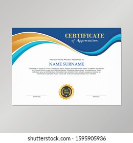 Vector Certificate Template, with Blue, Gold and white Color combination. for  Achievement, Diploma, Award, Graduation, Completion, Appreciation, Acknowledgement, Recognition and other