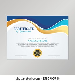 Vector Certificate Template, with Blue, Gold and white Color combination. for  Achievement, Diploma, Award, Graduation, Completion, Appreciation, Acknowledgement, Recognition and other