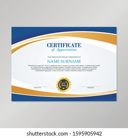 Vector Certificate Template, with Blue, Gold and white Color combination. for  Achievement, Diploma, Award, Graduation, Completion, Appreciation, Acknowledgement, Recognition and other