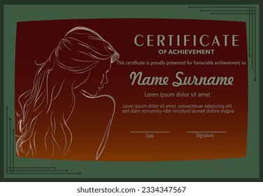 Vector certificate template in brown color with green frame and woman silhouette