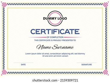 A vector of a Certificate template with dummy text framed with a checkered pattern