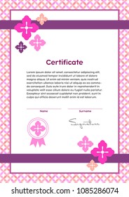 Vector certificate template. Japanese modern style. Beauty salon, yoga, spa, makeup diploma. Cherry flower and circles ornament.