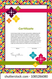 Vector certificate template. Japanese modern style. Beauty salon, yoga, spa, makeup, cosmetic diploma. Colorful cherry flower and circles ornament.