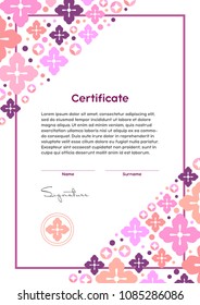 Vector certificate template. Japanese modern style. Beauty salon, yoga, spa, makeup diploma. Cherry flower and circles ornament.