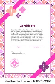 Vector certificate template. Japanese modern style. Beauty salon, yoga, spa, makeup diploma. Cherry flower and circles ornament.