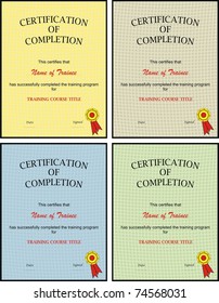 VECTOR - Certification of Completion template - Set of Four Different Colors - with Seal - Simple and Professional