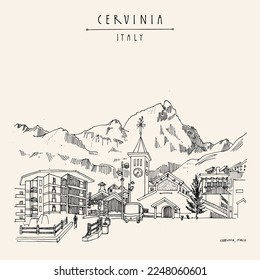 Vector Cervinia, Norte de Italia, postal. Montaña Matterhorn. Antiguos edificios residenciales, hoteles en un día de invierno. Estación de esquí alpino italiana. Esbozo de viajes dibujado a mano. Afiche artístico de época