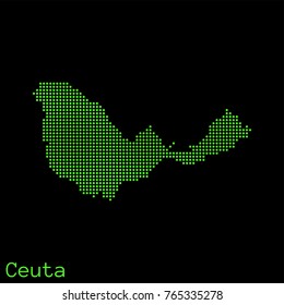 Vector Ceuta map dotted silhouette with green dots on a black background (as on old ancient computers running DOS)