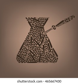 Vector cezve consists of cinnamon, cardamom, vanilla pod and coffee. Spice silhouettes cloud in shape of cup. Fully editable file for cards, packaging design and your other projects.