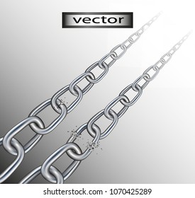 Vector. The chain broke, the destruction of the link chain links, iron chain destroyed, broken due to tension. Hard to pull and tear. Realistic illustration. Isolated on white background.