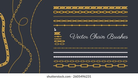 Vector chain brush samples. Trendy necklaces set. Golden and pearl chains. Minimalistic jewelry. 