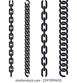 Vector chain in four different styles on a white background. Chain brushes seamless pattern.