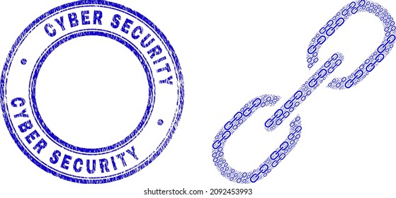 Vector chain icon mosaic is organized of random self chain elements. Cyber Security grunge blue round stamp seal. Recursive mosaic of chain icon.