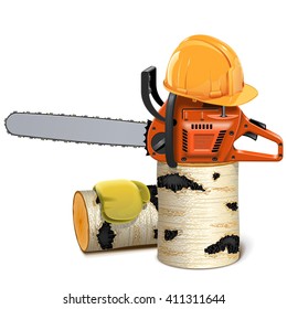 Vector Chainsaw with Helmet and Birch Firewood