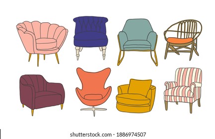 vector chair collection illustration.  furniture element set. modern contemporary home house decor. 