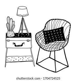 Vector chair with pillow and small table-suitcase with cactus and lamp 