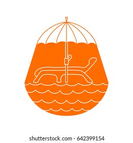 Vector chaise lounge under umbrella by sea. Line art design. Orange rest logo