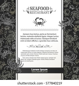 Vector chalk background of crabs. Seafood menu template on blackboard background. There is place for your text on white vertical paper.