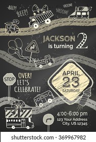 Vector chalk Birthday invitation template on blackboard background. Hand-drawn doodles cars and traffic signs, balloons and blowouts, garland and sweets, gift and firework. 