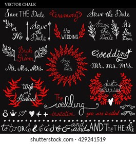 Vector Chalk Clip Art on blackboard. Wedding Save the Date lettering, chalk floral frames and ampersands. Hand drawn illustration. 