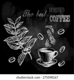 Vector Chalk Coffee On Chalkboard Background.