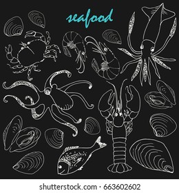 Vector chalk doodle seafood set. Hand drawn illustration of various sea animals. Octopus, squid, lobster, dorado fish, prawn, mussels, crab and shell lineart style.