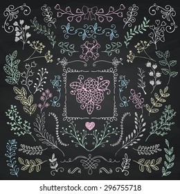Vector Chalk Drawing Hand Sketched Rustic Floral Doodle Branches, Design Elements. Decorative Floral Frames, Branches, Swirls. Vector Illustration. Chalkboard Background Texture. Pattern Brushes.