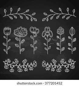 Vector Chalk Drawing Hand Sketched Rustic Floral Doodle Decorative Branches, Swirls, Design Elements. Hand Drawing Vector Illustration. Discrete Brushes. Board Menu Texture.