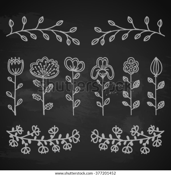 Vector Chalk Drawing Hand Sketched Rustic Floral\
Doodle Decorative Branches, Swirls, Design Elements. Hand Drawing\
Vector Illustration. Discrete Brushes. Board Menu\
Texture.
