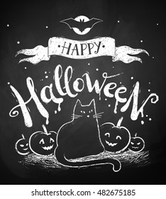 Vector chalk drawing of Happy Halloween postcard with moon, black cat and pumpkins on chalkboard background.