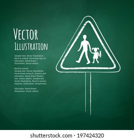 Vector chalk drawing of school warning sign on green blackboard background.