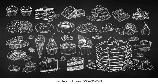 Vector chalk drawings illustratoins collection of desserts and sweet food on chalkboard background