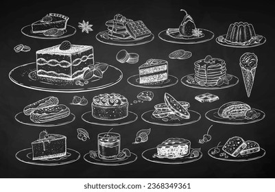 Vector chalk drawings illustratoins collection of desserts and sweet food on chalkboard background