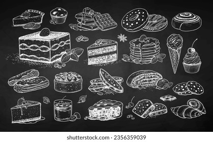 Vector chalk drawings illustratoins set of desserts and sweet food on chalkboard background