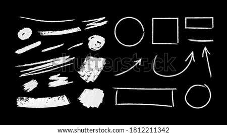 Vector Chalk Drawings Isolated on Black Background, White Chalk, Circles, Arrows, Blak Frames, Design Elements Set.
