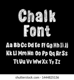 Vector Chalk Drawn Alphabet, Hand Drawn Font Template, School Concept, Type Set Isolated On Black Background, White Color.