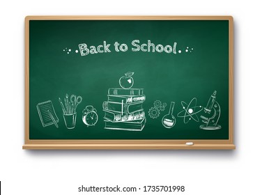 Vector chalk drawn back to school illustration on green chalkboard with shadow isolated on white background