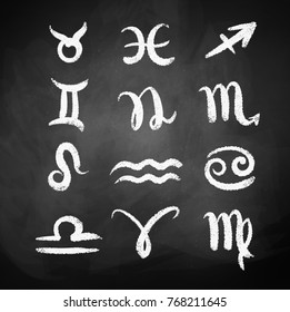 Vector chalk drawn collection of zodiac signs on blackboard background.