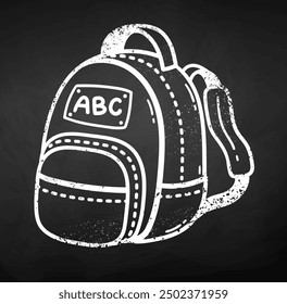 Vector chalk drawn cute illustration of school bag backpack education symbol on chalkboard background.